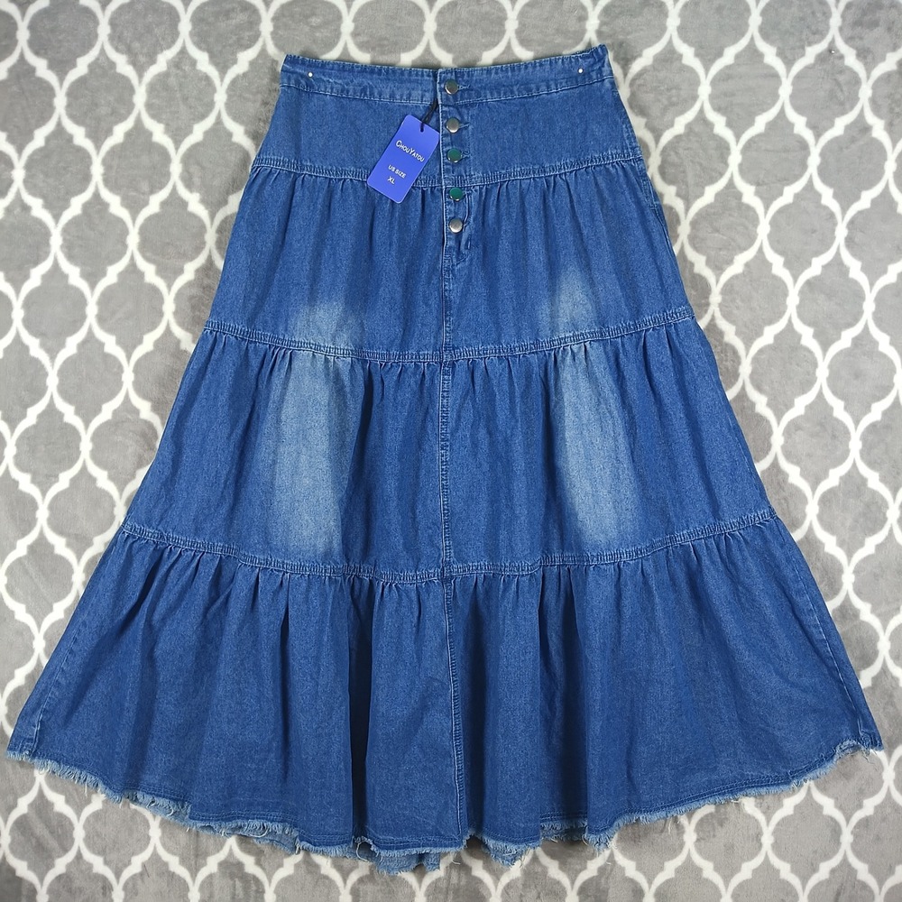 Chambray Denim Tiered Maxi Skirt Women XL Blue Prairie Cowgirl Pockets